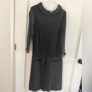 Boden Black & White Tweed Shift Dress Cowl Neck Zip Pocket Workwear Chic